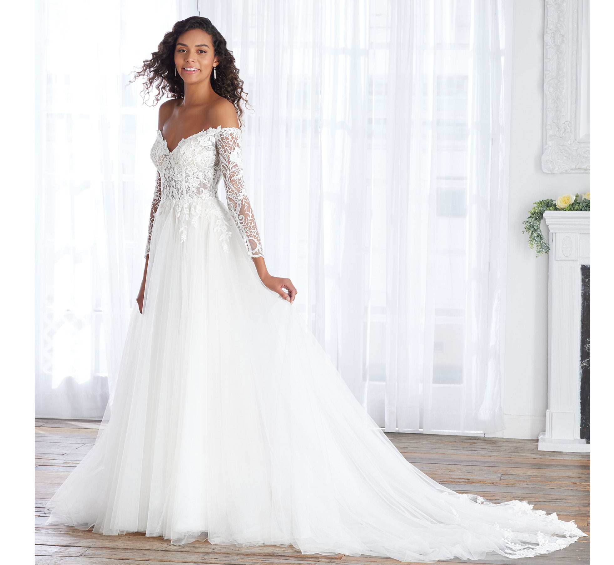 Floral Lace And Tulle Off-The-Shoulder Gown In Ivory Almond Nude、mySite、solidvoid