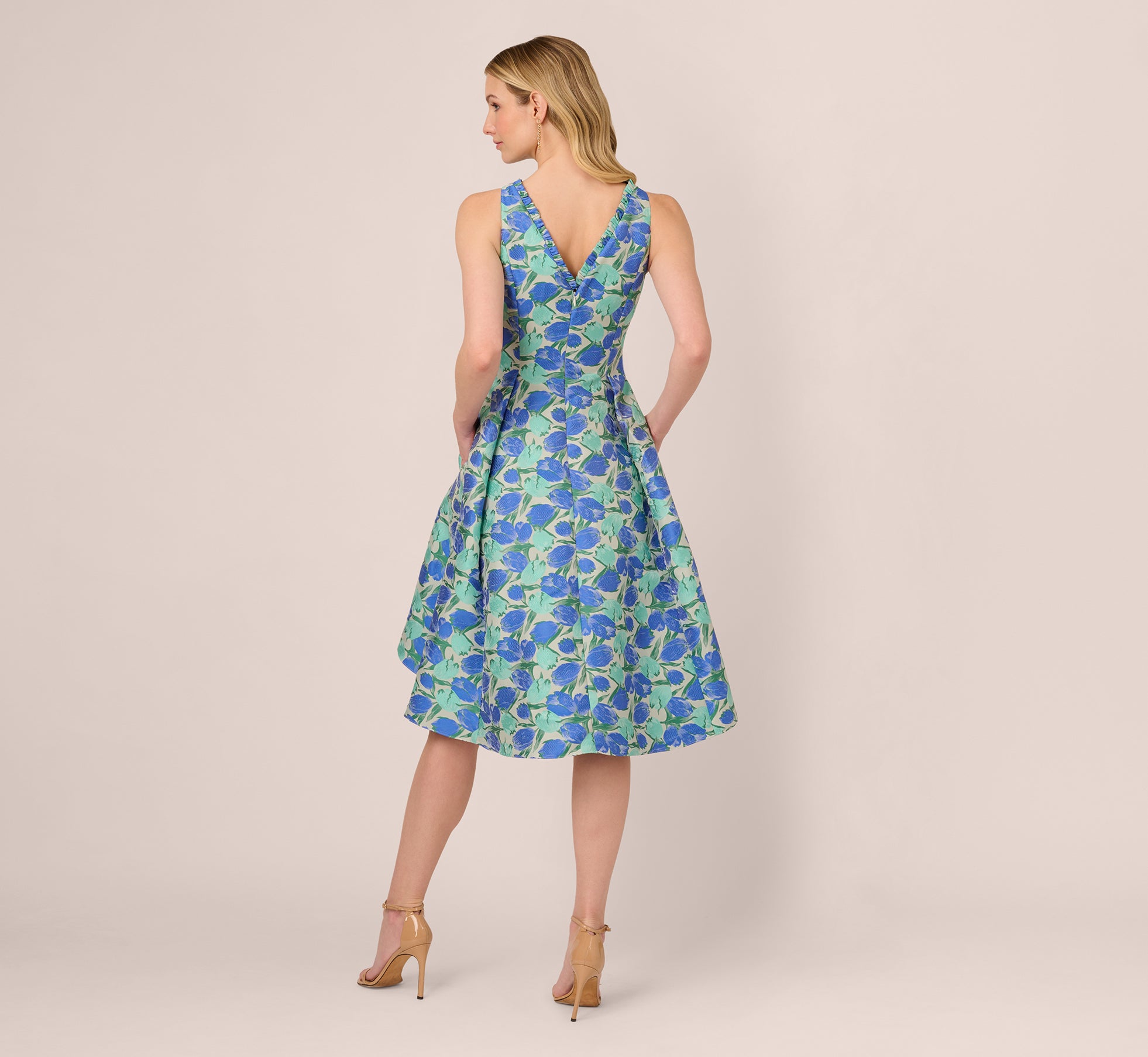 Sleeveless Tulip Jacquard Fit And Flare Midi Dress In Blue Green Multi、mySite、solidvoid