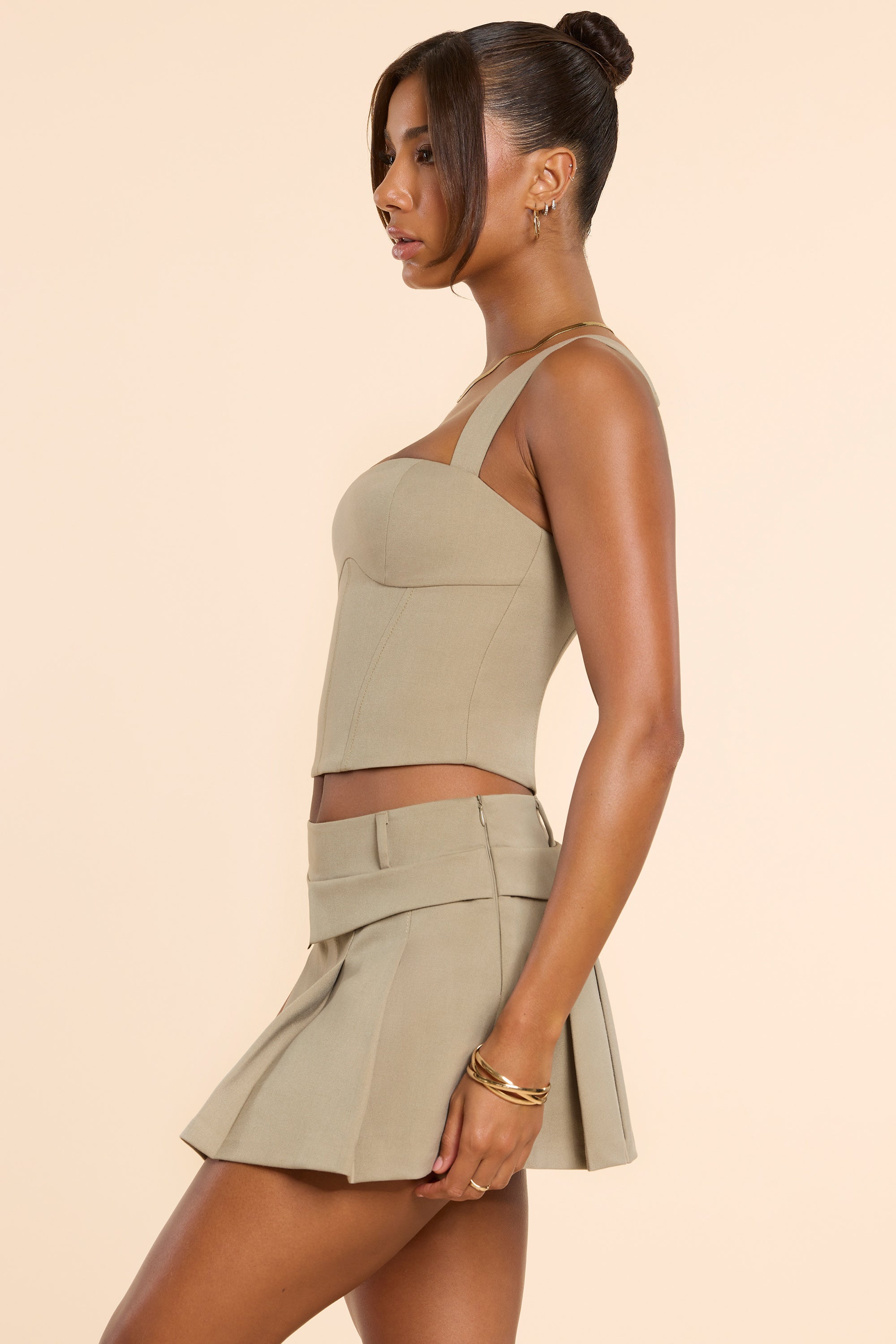 Brushed Twill Mid Rise Pleated Micro Mini Skirt in Taupe、mySite、solidvoid