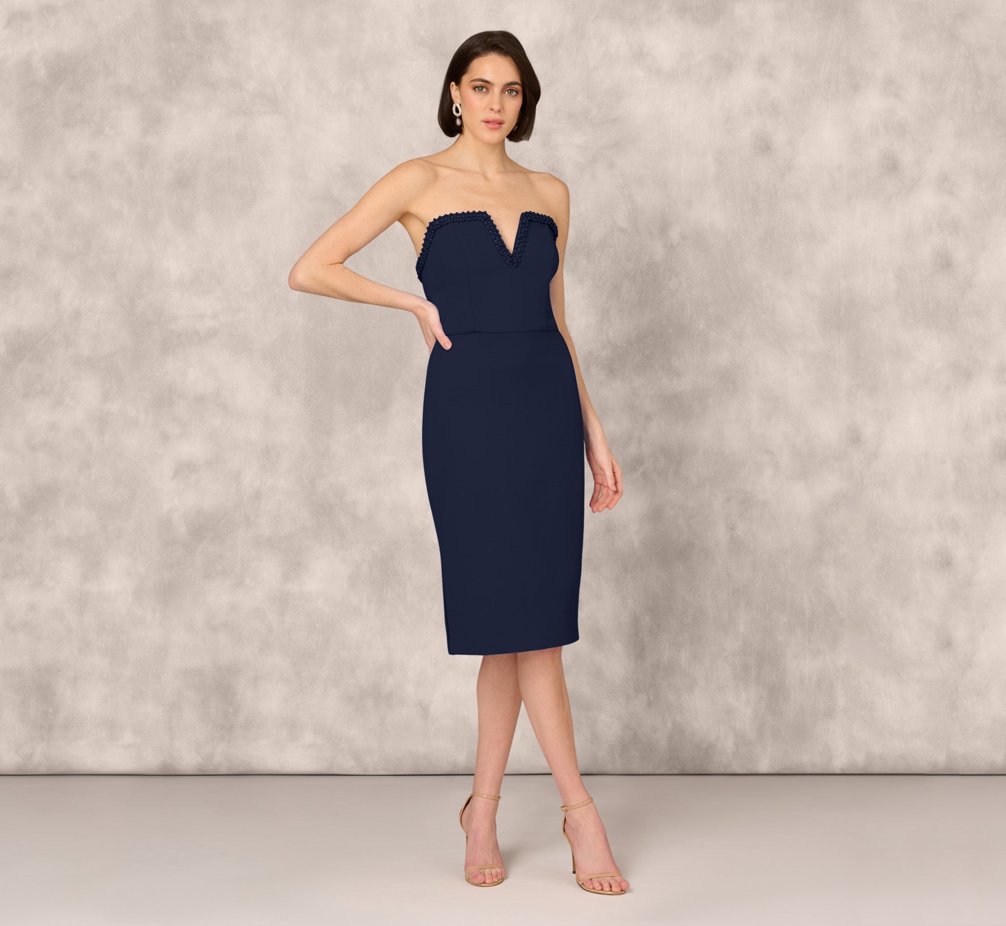 Strapless Bonded Crepe Midi Dress With Beaded Notch Neckline In Twilight、mySite、solidvoid