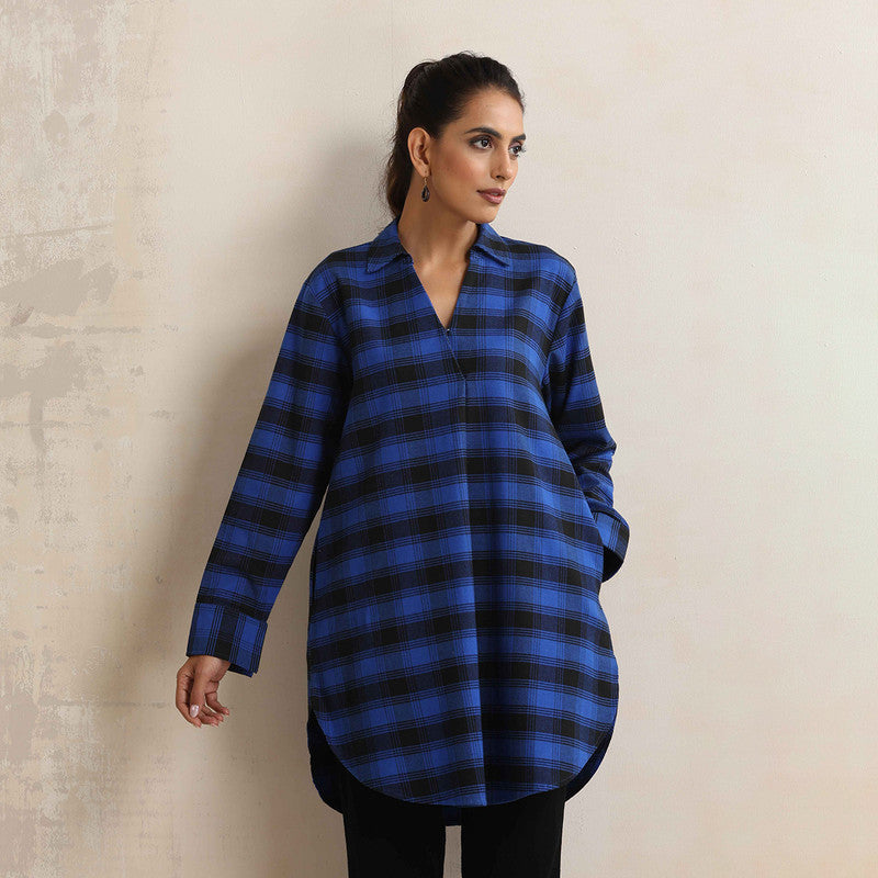 Cotton Short Kurta For Women | Checkered Print | Blue、mySite、camillekostekn