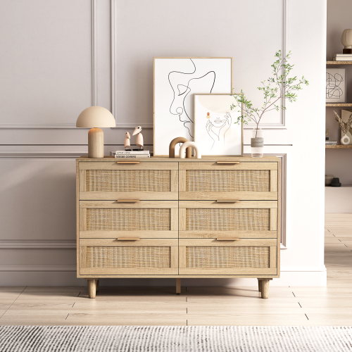 51.18"6-Drawers Rattan Storage Cabinet Rattan Drawer,for Bedroom,Living Room,Natural (Same SKU:W757P198980)、、casual