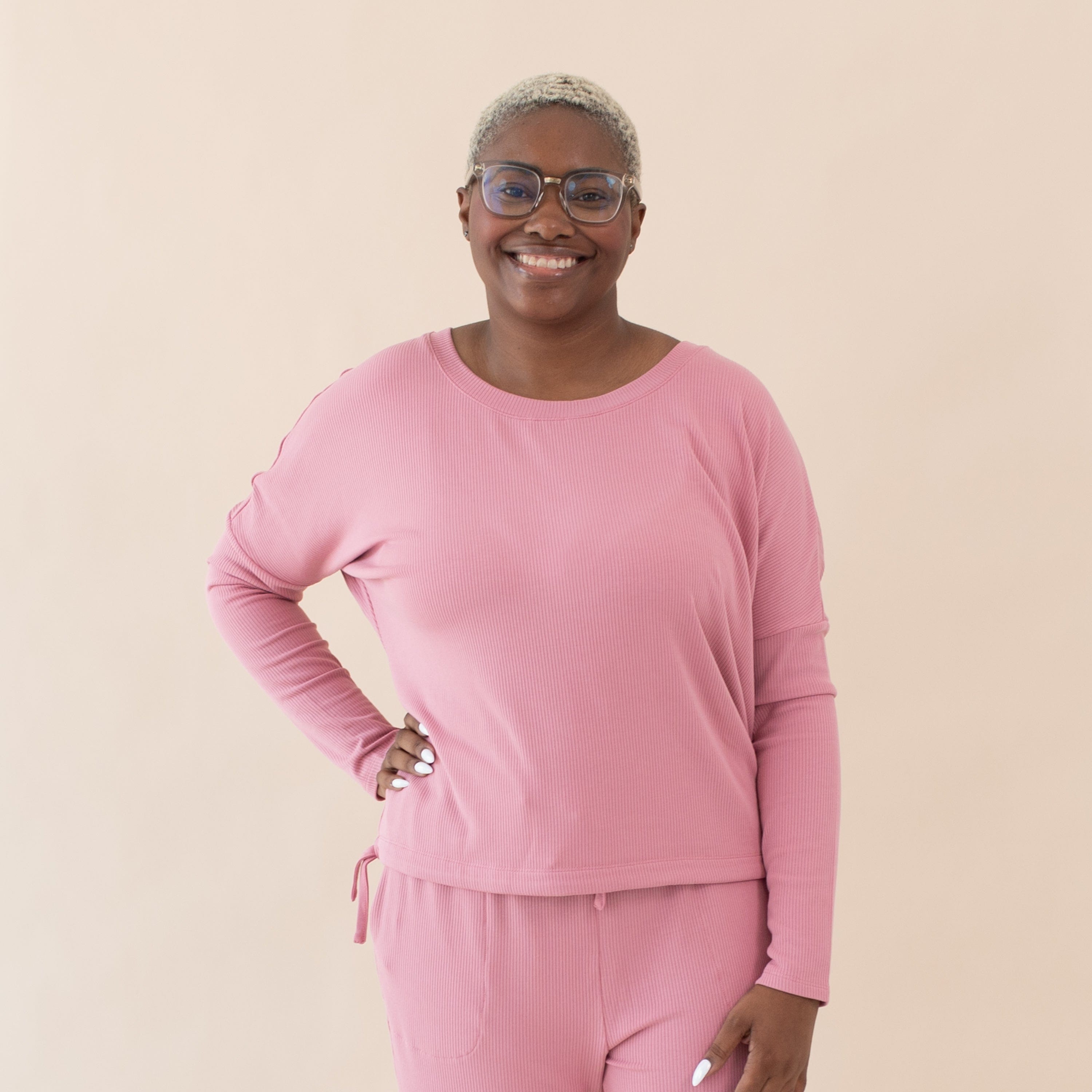  Women's Ribbed Long Sleeve Drop Shoulder Top in Apple Blossom、mySite、layawaytickets