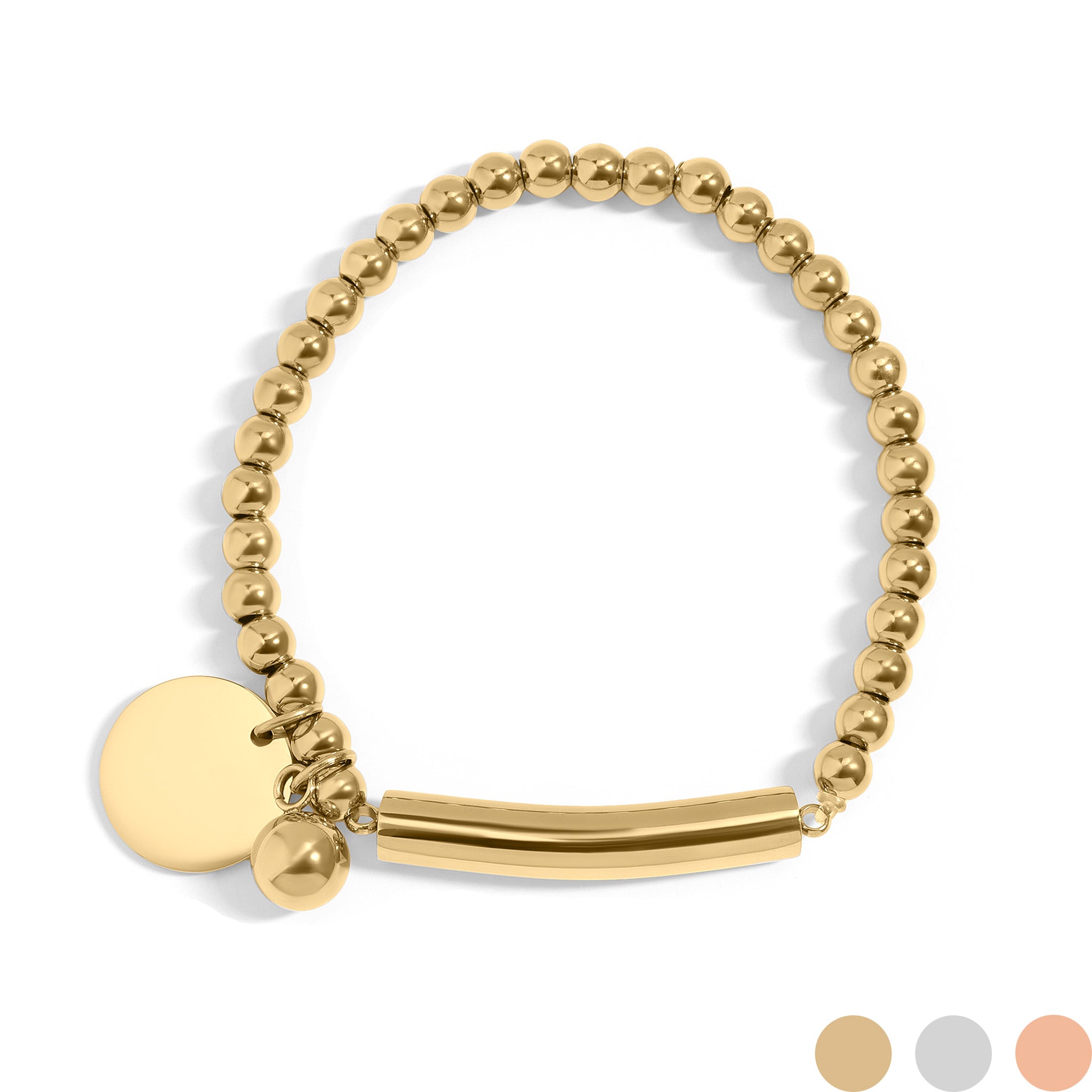 18K Gold PVD Stainless Steel Beaded Stretch Bracelet with Engravable Charm / SBB0271、mySite、dreamappss
