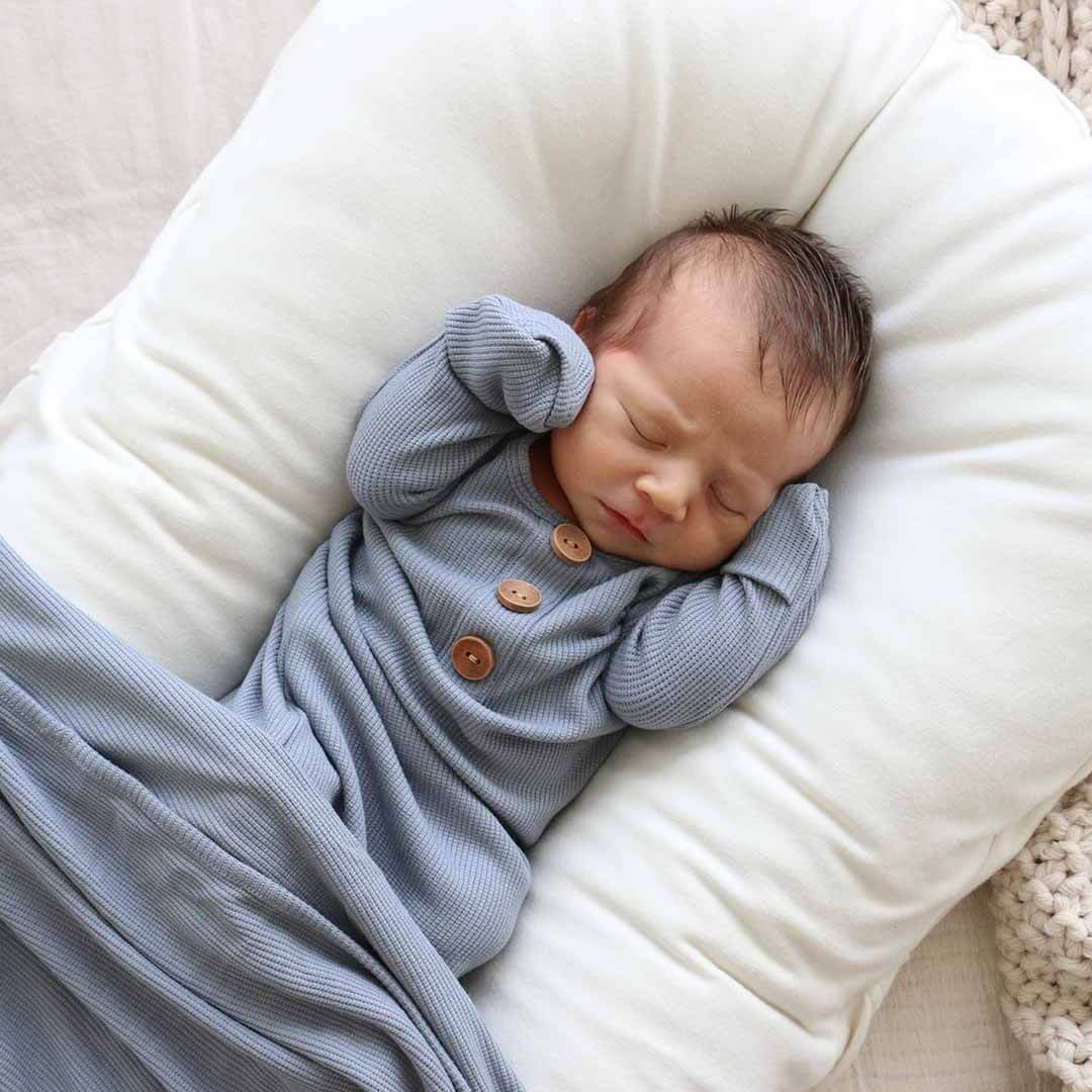  Dusty Denim Bamboo Waffle Newborn Baby Knot Gown & Hat Set、mySite、layawaytickets