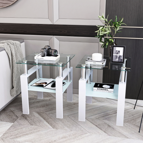 Set of 2, Modern Tempered Glass Tea Table Coffee Table End Table, Square Table for Living Room, Black、、casual