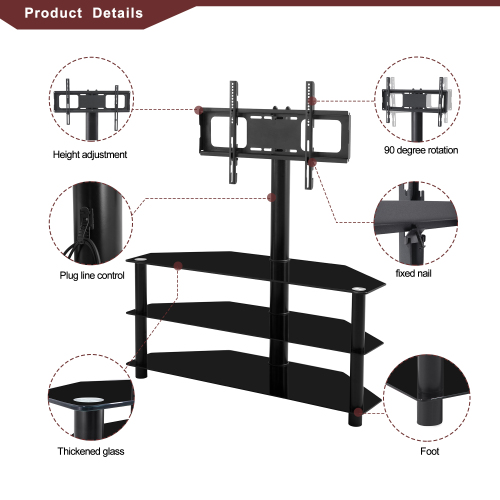 Black Multi-function TV Stand Height Adjustable Bracket Swivel 3-Tier、、casual
