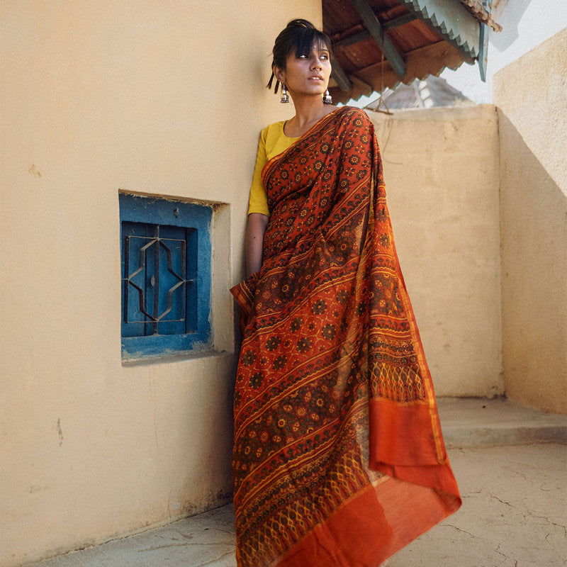 Handblock Mul Cotton Ajrakh Printed Saree | Orange、mySite、camillekostekn