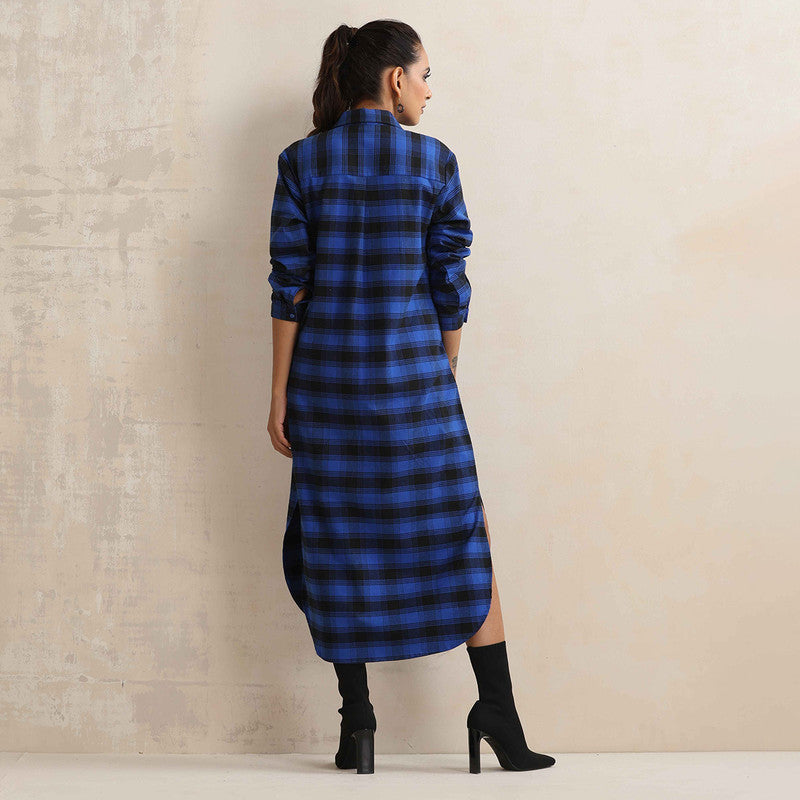 Cotton Long Shirt Dress For Women | Checkered Print | Blue、mySite、camillekostekn