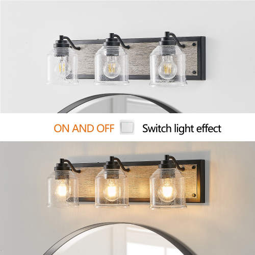 40&quot; Farmhouse Vanity Light Fixture, 5-Light Bathroom Wall Sconce with Clear Seeded Glass Shades, Black and Wood Grain Finish, Modern Industrial Design for Bathroom or Powder Room (No Bulbs)、、eastwooduniform