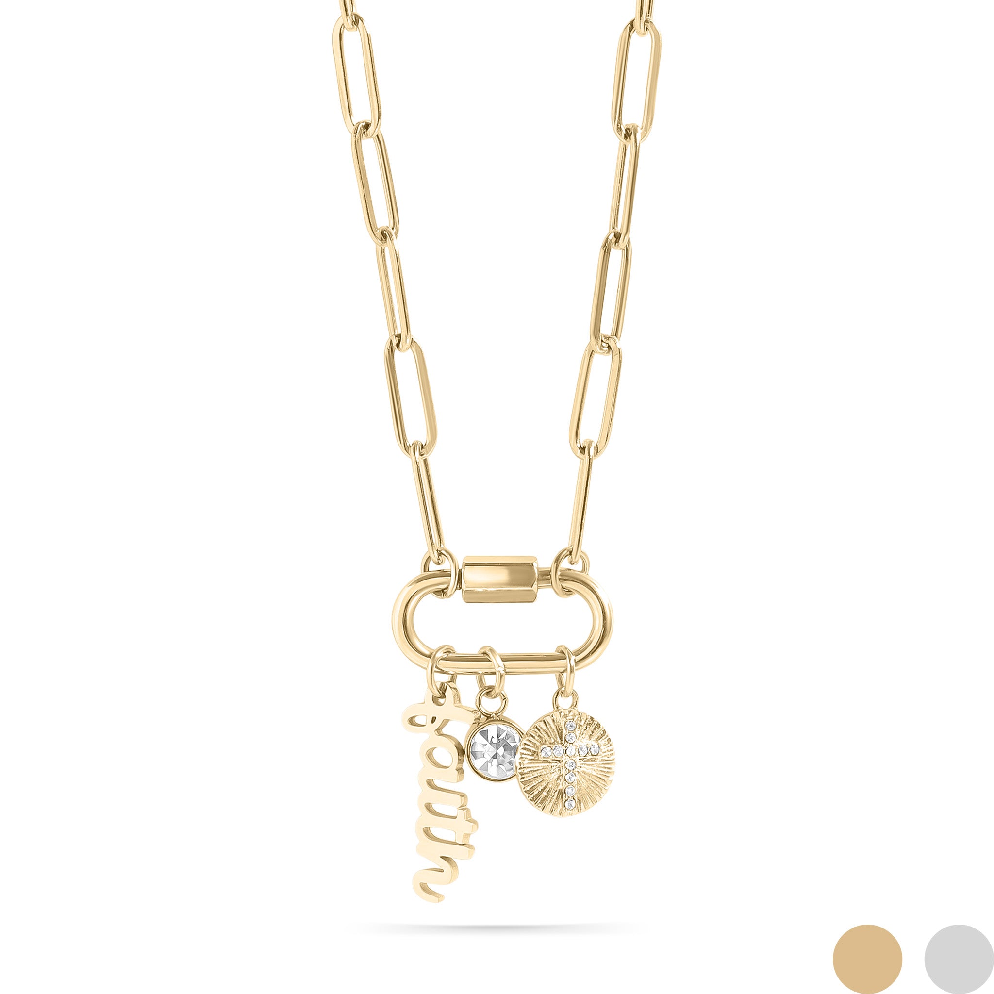 18K Gold PVD Stainless Steel Carabiner Faith Charm Paperclip Necklace / CHN0049、mySite、dreamappss