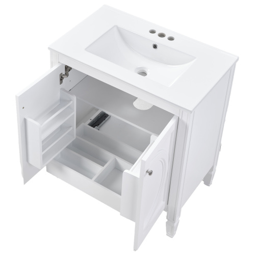 30" No Assembly Needed Vintage White Bathroom Vanity with Ceramic Sink,Two Soft-Close Doors & Adjustable Shelf,Modern Farmhouse Style、、xpatfood