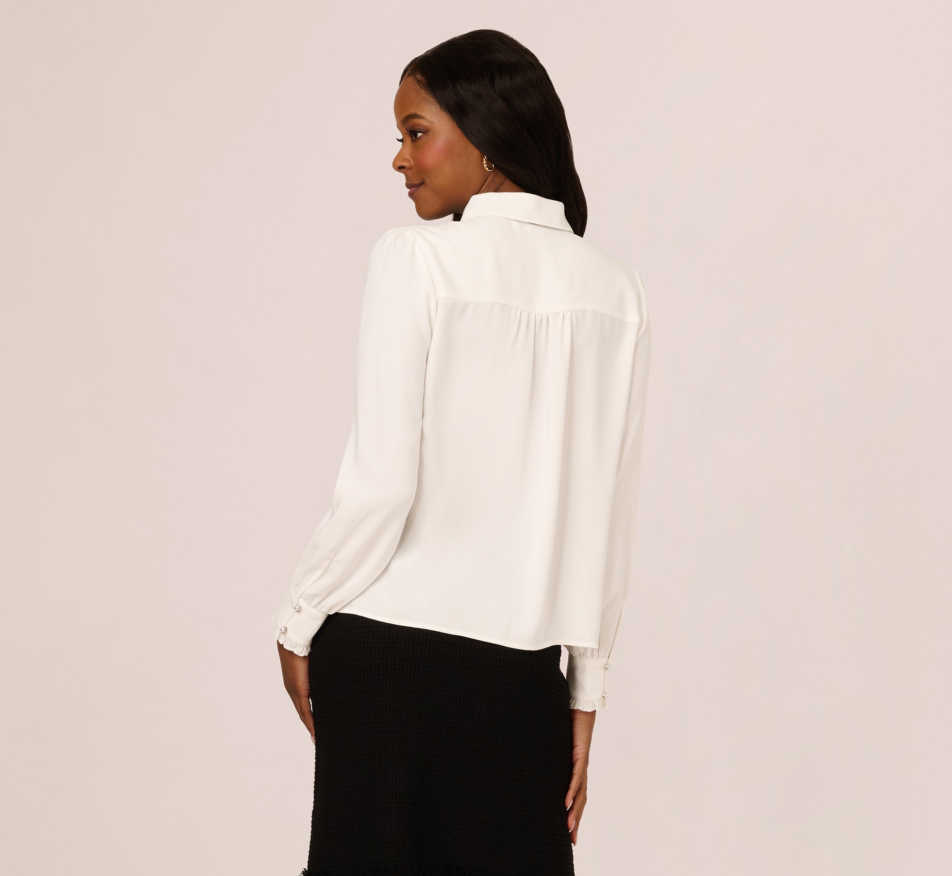 Long Sleeve Collared Tie Neck Blouse In Ivory Black、mySite、solidvoid