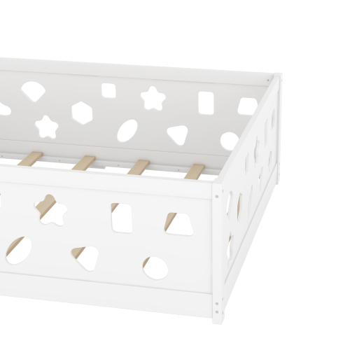 Twin Size Floor Bed with Heightened Safety Guardrails and Door, Solid Wood Bedframe with Rails for Girls, Boys, Teens, Child Bedroom, Kids Playroom, No Slats Included, White、、casual
