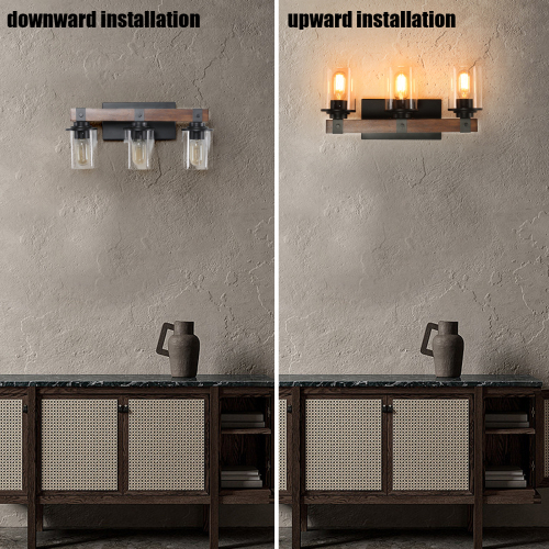 (Same as W1340119957/L1016) 27" Rustic 4-Light Vanity Light, Industrial Bathroom Wall Sconce with Glass Shades and Wood Accent, Modern Farmhouse Lighting Fixture (No Bulbs)、、eastwooduniform