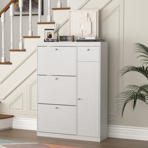 Wooden Shoe Cabinet for Entryway, White Shoe Storage Cabinet with 3 Flip Doors 20.94x9.45x43.11 inch、、casual