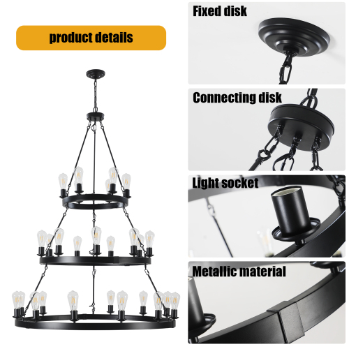 (Same as:W1340119961/W1340P206660/L001005-D1140-P27B)45" Retro Industrial Style 3-Layer Pendant Light, 27-Lights Black Farmhouse Pendant, Suitable for Dining Rooms, Living Rooms (Bulb Not Included)、、eastwooduniform