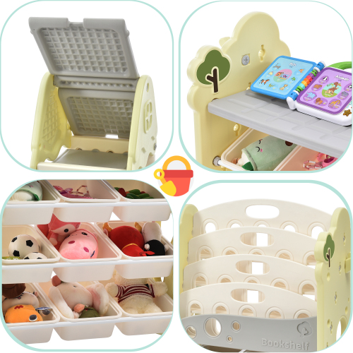 Kids Toy Storage Organizer with 14 Bins, Multi-functional Nursery Organizer Kids Furniture Set Toy Storage Cabinet Unit with HDPE Shelf and Bins for Playroom, Bedroom, Living Room、、casual