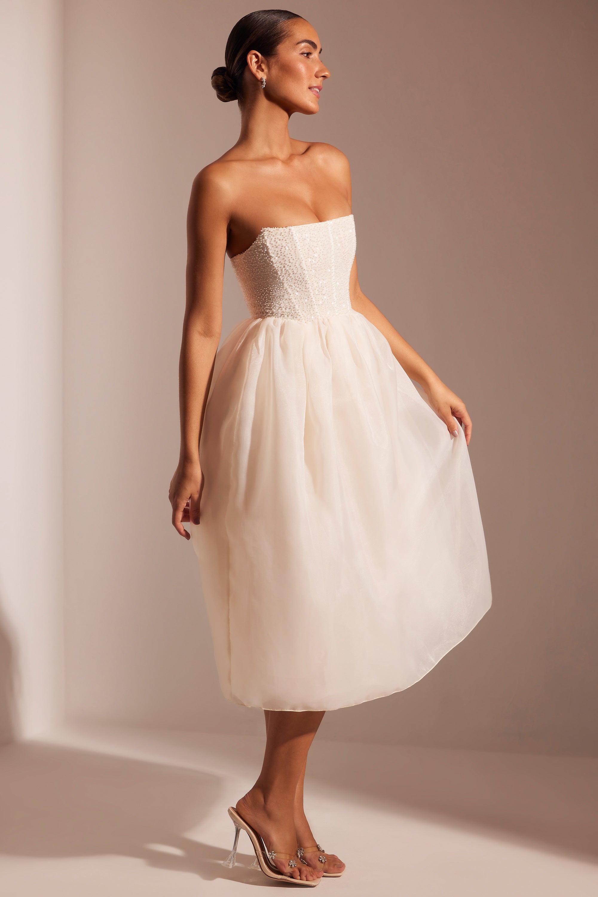 Embellished Corset Tulle Skirt Midi Dress in Ivory、mySite、solidvoid