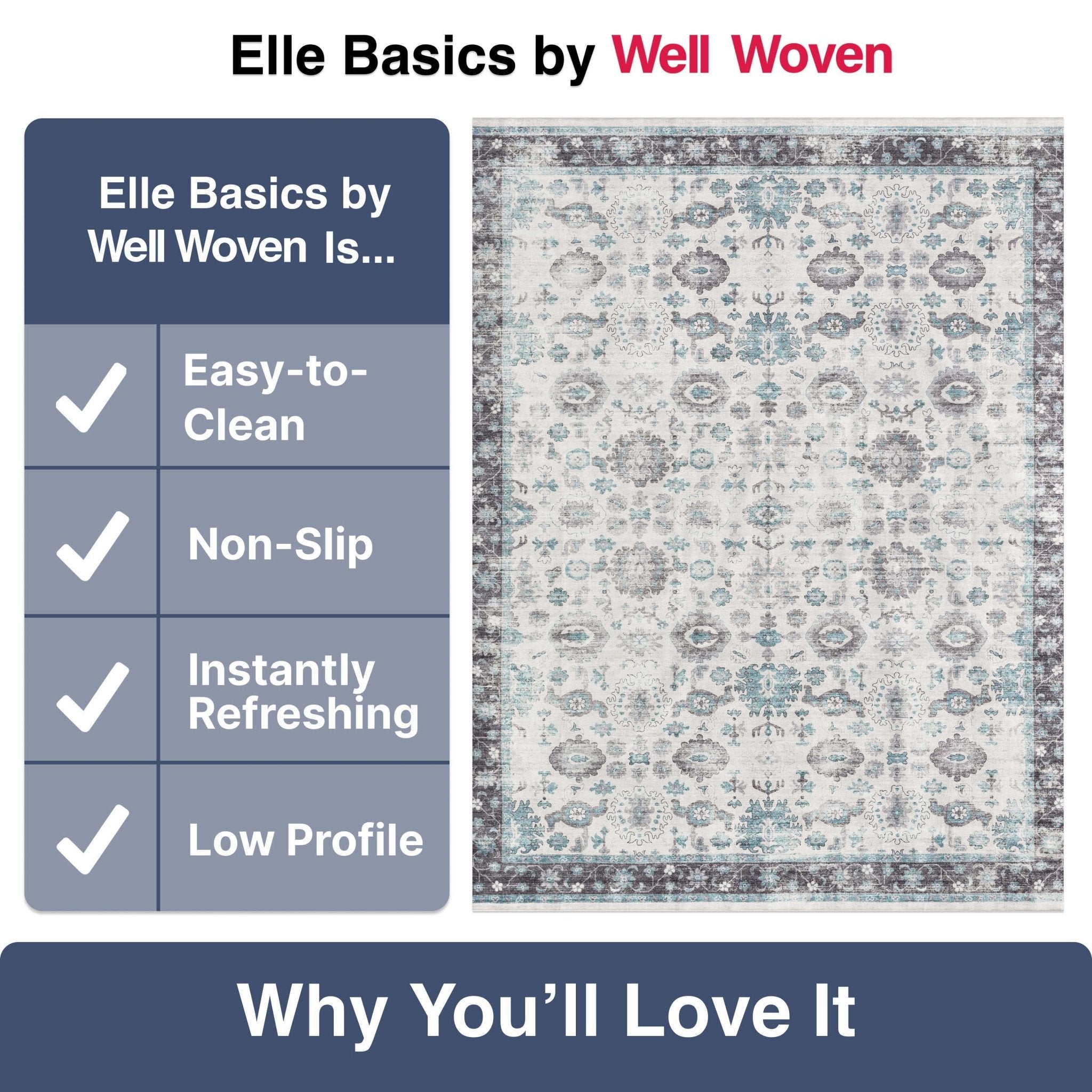 Elle Basics Gala Oriental Easy-Clean Washable Rug by Well Woven - Durable, Non-Slip, Low-Profile Design for Home Comfort、mySite、gigharbornorthrealestate