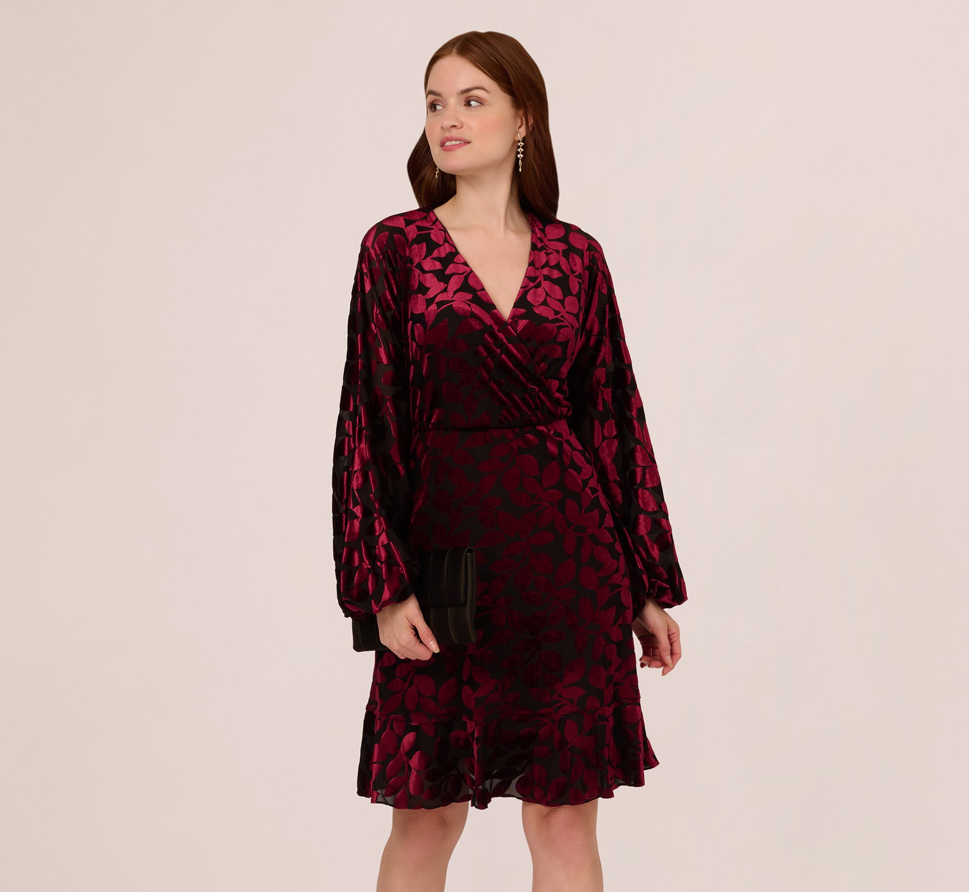 Velvet Burnout Faux Wrap Dress With Long Bishop Sleeves In Burgundy Black、mySite、solidvoid
