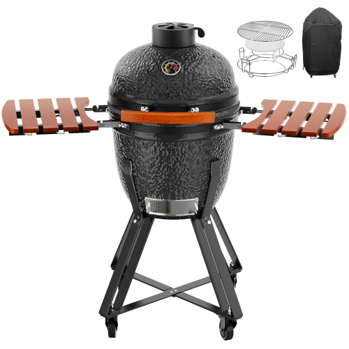 18" W Kamado Portable Charcoal Grill with Side Shelves and Cover, Black、、eastwooduniform