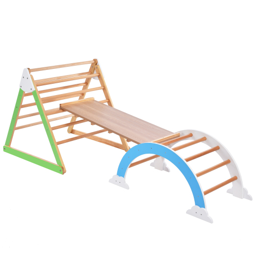 Wooden Climbing Triangle Toys - Indoor Arc Climber Jungle with Ramp and Arch Toy Rocker, Reversible Multifunction Playset Natural Wood Playground、、casual