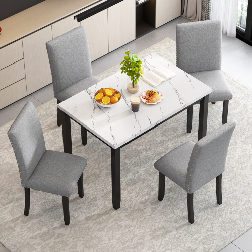 TREXM Faux Marble 5-Piece Dining Set Table with 4 Thicken Cushion Dining Chairs Home Furniture, White/Beige+Black、、casual