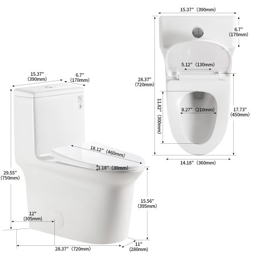 1.1/1.6 GPF Elongated Comfort Height Floor Mounted One-Piece Toilet, CUPC Certified, WaterSense Cetified, Ceramic, White Color, Soft Close Seat、、xpatfood