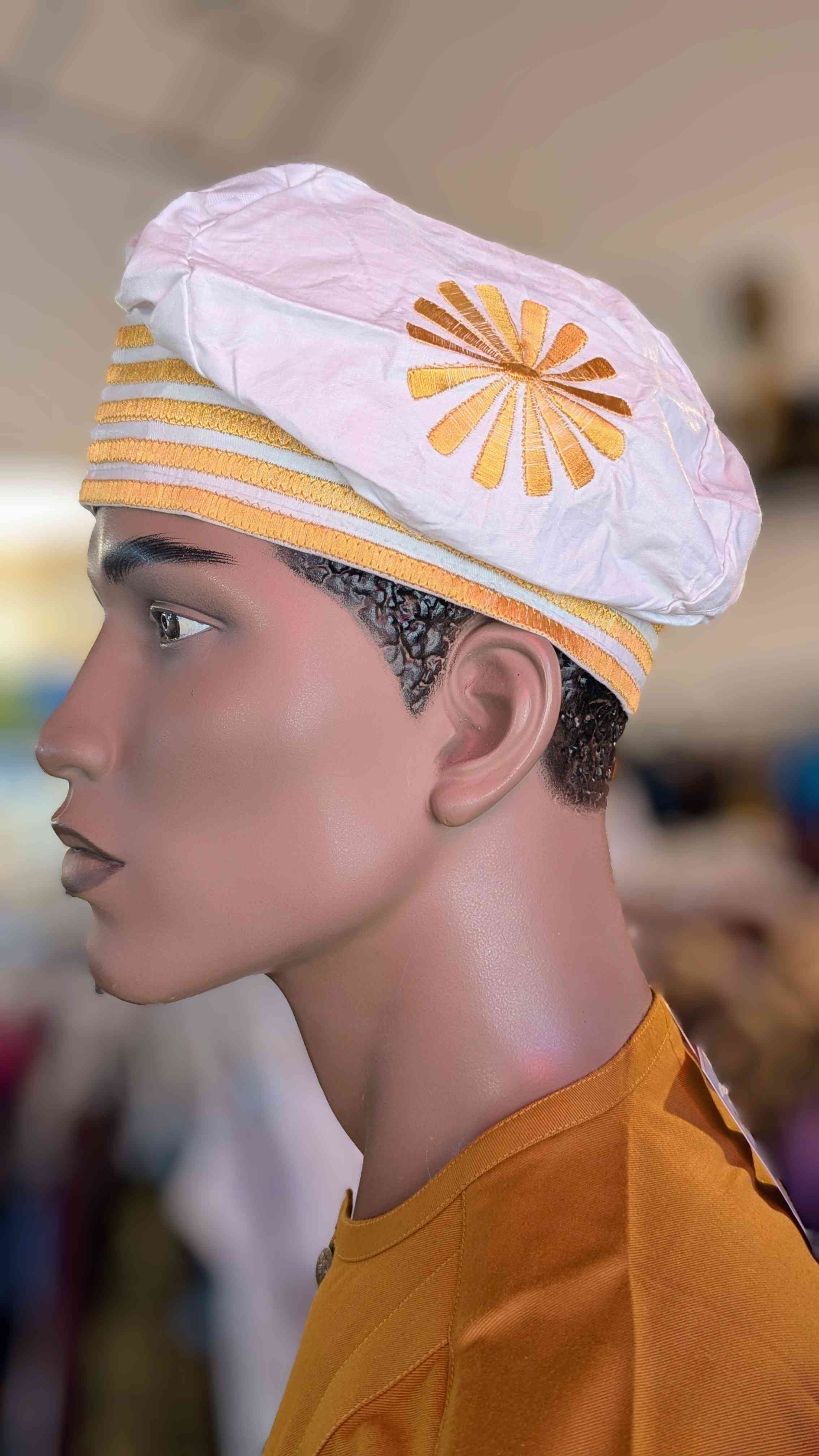 Dupsie's Oluwafemi White Brocade African Hat Cap Kufi with Gold Embroidery DPHWBWG3、mySite、solidvoid