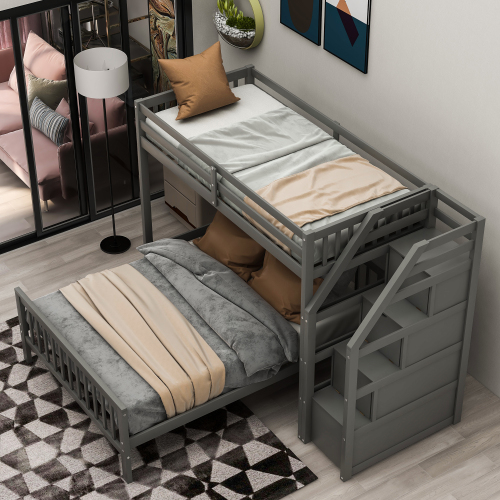 Twin over Full Loft Bed with Staircase,Gray(OLD SKU:SM000107AAE)、、casual