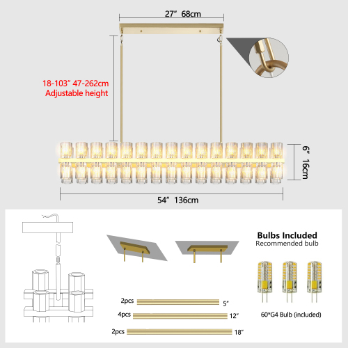 (L005030-D54-P60B/W1340P310780)Rectangular Luxurious Crystal Chandelier for Living Room & Dining Room, Black Frame with K9 Crystals、、eastwooduniform
