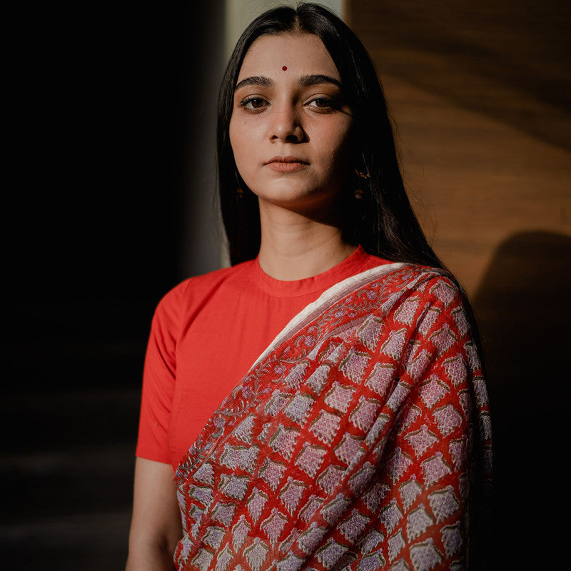 Women Festive Wear | Kota Doria Sarees | Sanganeri Print | Red、mySite、camillekostekn