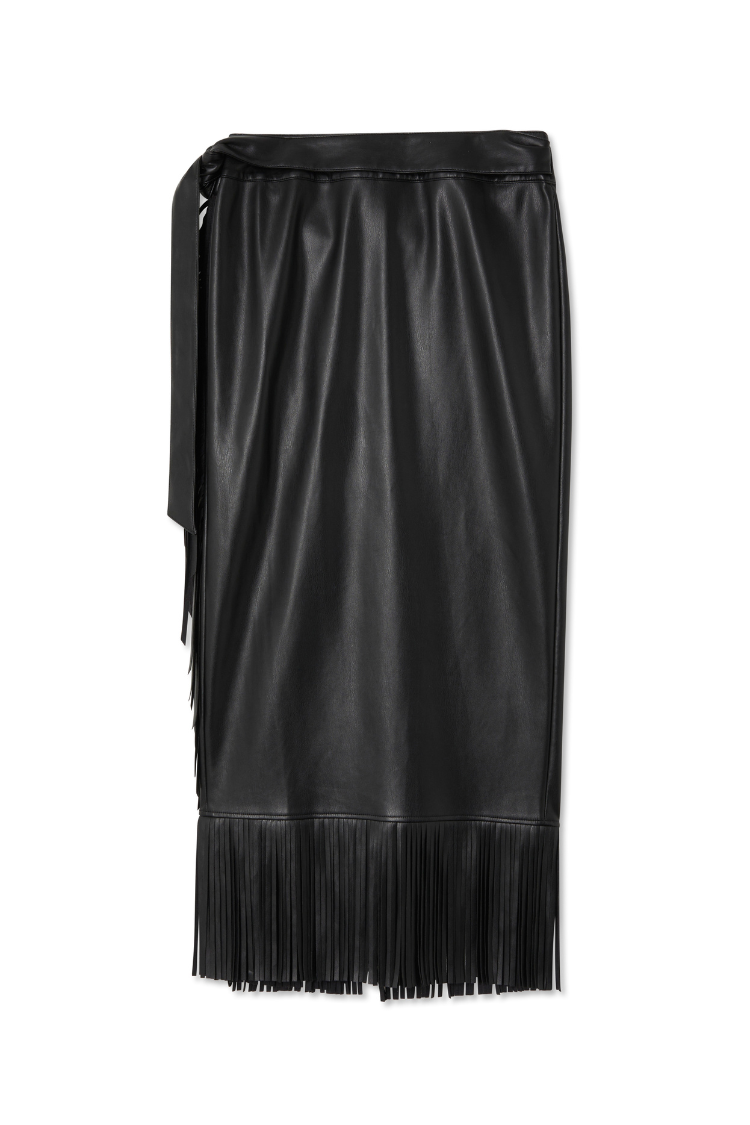 Black Vegan Leather Fringe Midi Jaspre Skirt、mySite、solidvoid