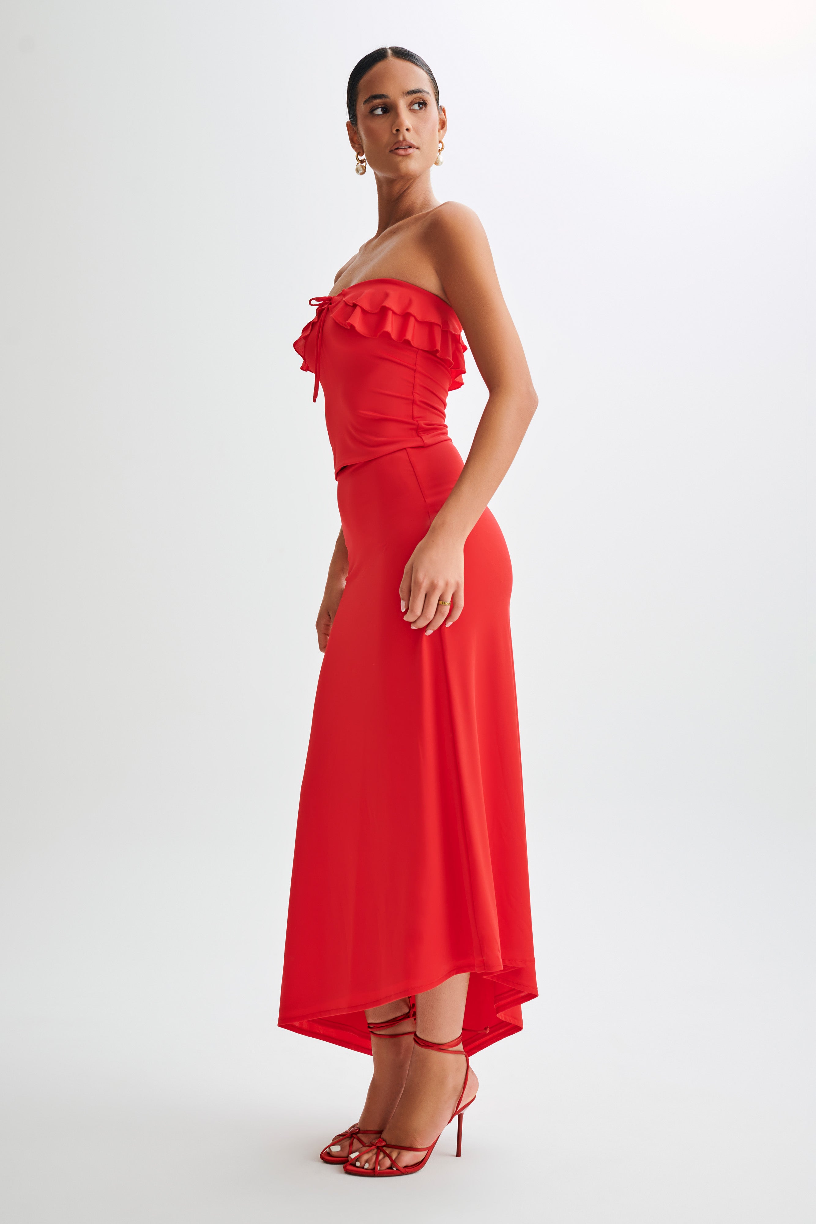 Bea Asymmetrical Slinky Maxi Skirt - Pomegranate、mySite、solidvoid