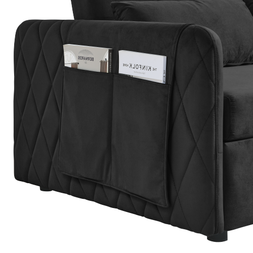 55" Modern Convertible Sofa Bed with 2 Detachable Arm Pockets, Velvet Loveseat Sofa with Pull Out Bed, 2 Pillows and Living Room Adjustable Backrest, Grid Design Armrests、、casual