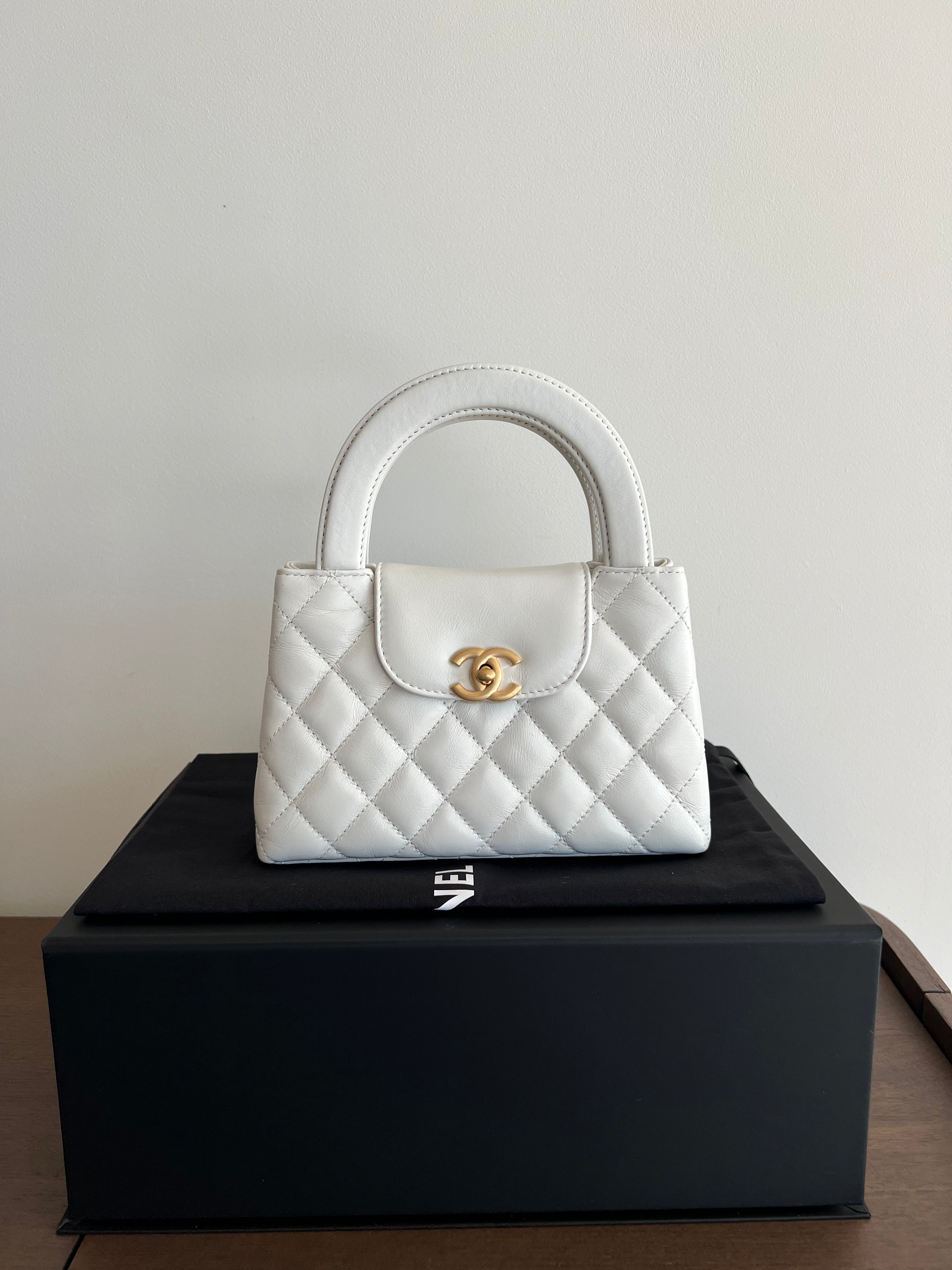 Chanel Kelly Shopping Bag Shiny Aged Calfskin & Gold Hardware White (Mini)、mySite、garminoutage.com