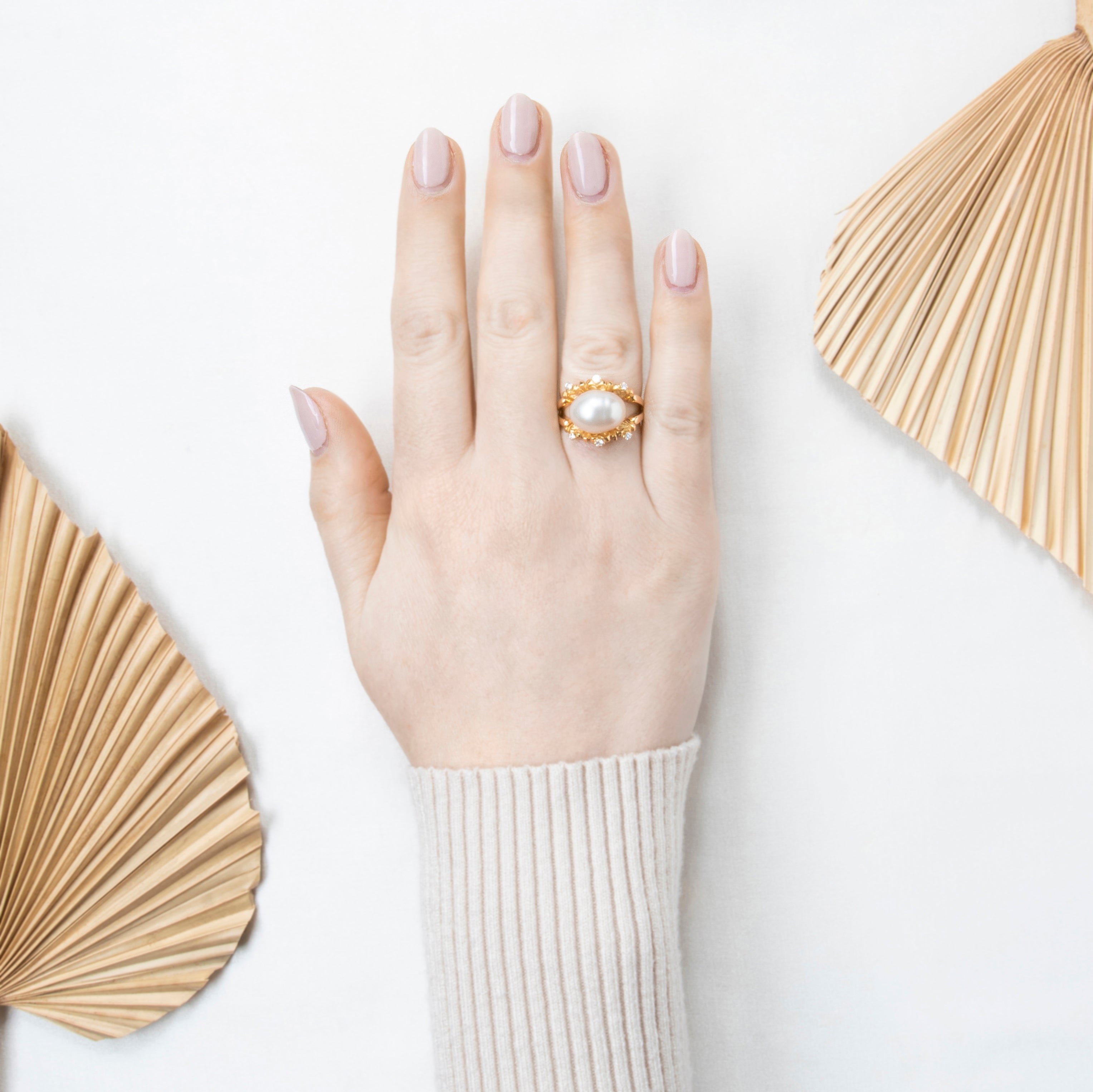 Vintage 18k Yellow Gold Pearl Diamond Romantic Sparkle Statement Ring 7.00、mySite、hinf8tx79