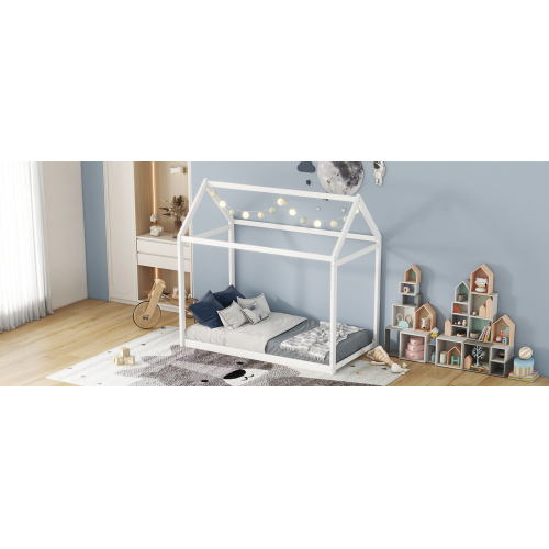 Twin Size Wooden House Bed, White、、casual