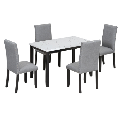TREXM Faux Marble 5-Piece Dining Set Table with 4 Thicken Cushion Dining Chairs Home Furniture, White/Beige+Black、、casual