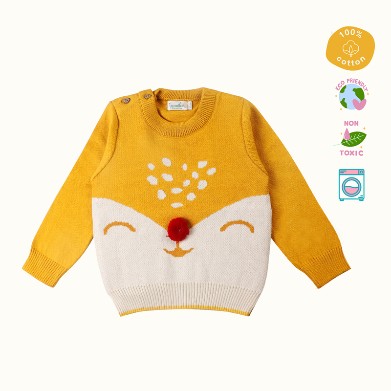 Cotton Sweater For Kids | Cuddly Fox Printed | Mustard Yellow、mySite、camillekostekn