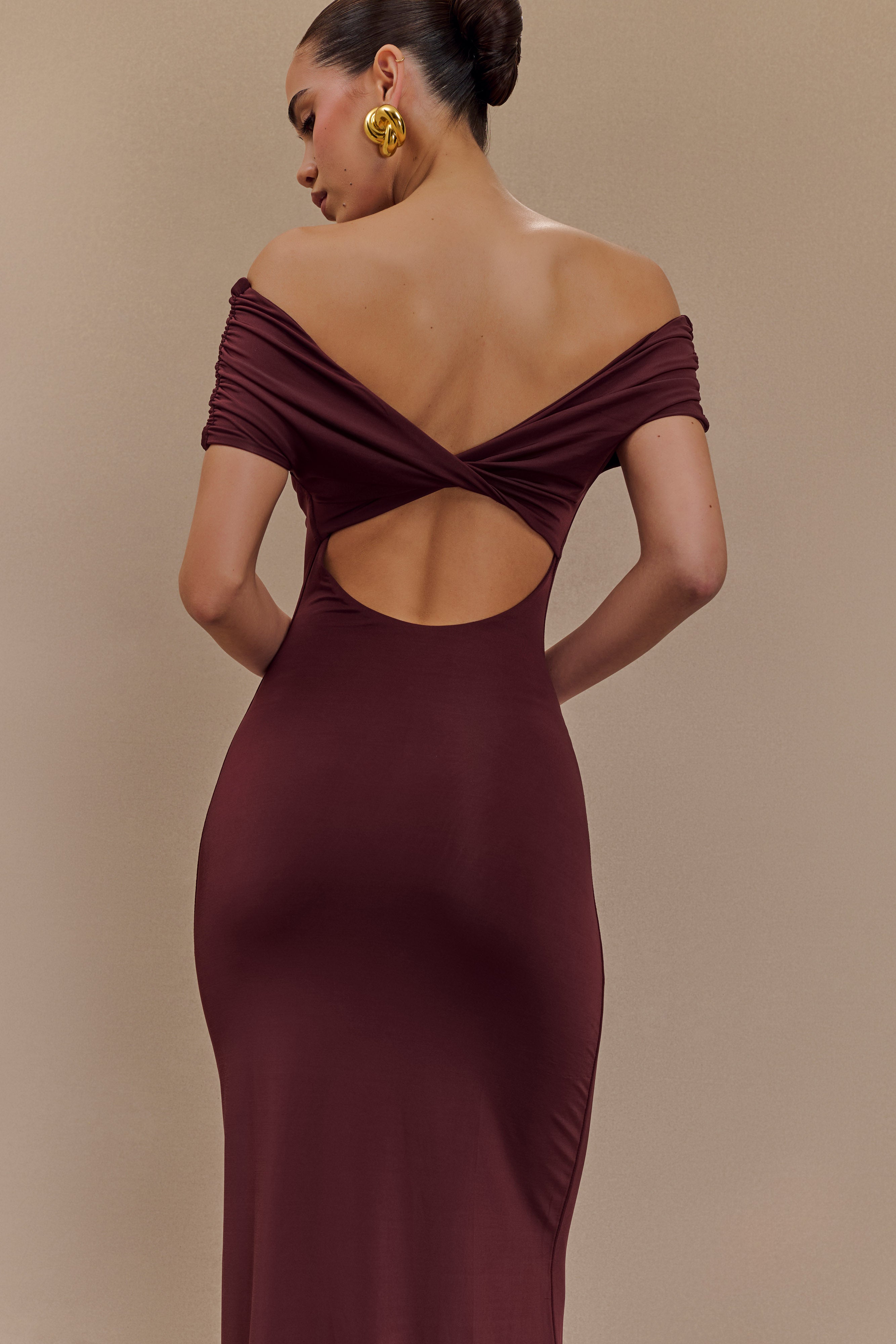 Imogen Off Shoulder Slinky Maxi Dress - Mahogany、mySite、solidvoid