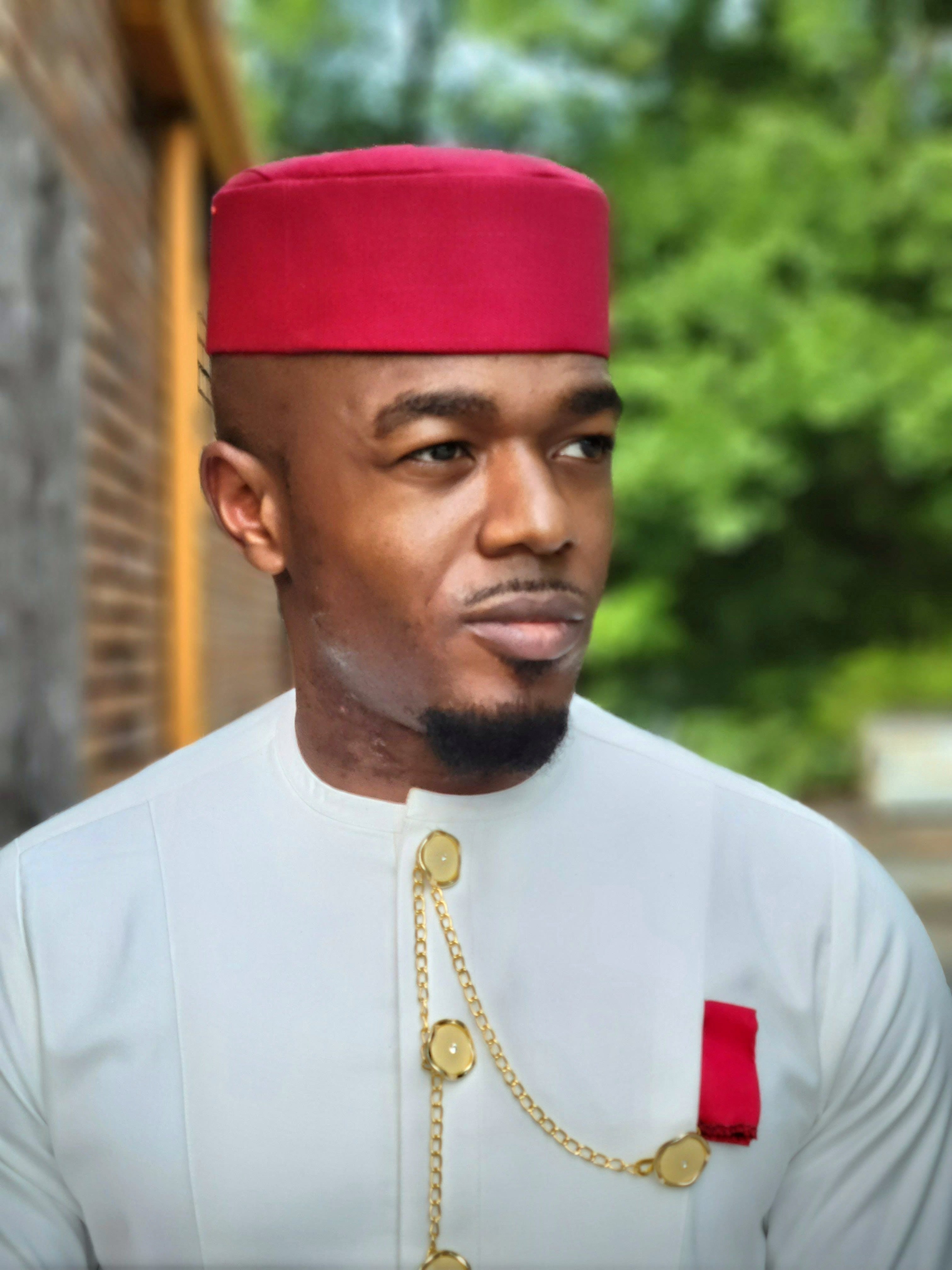 Red Ejiji African Handwoven Aso Oke Kufi Hat for Men DPHEJ200、mySite、solidvoid