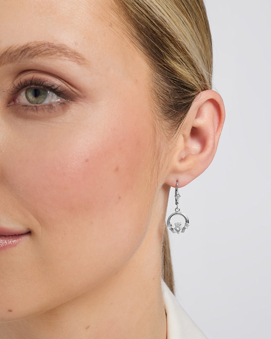  14K White Gold Claddagh Drop Earrings