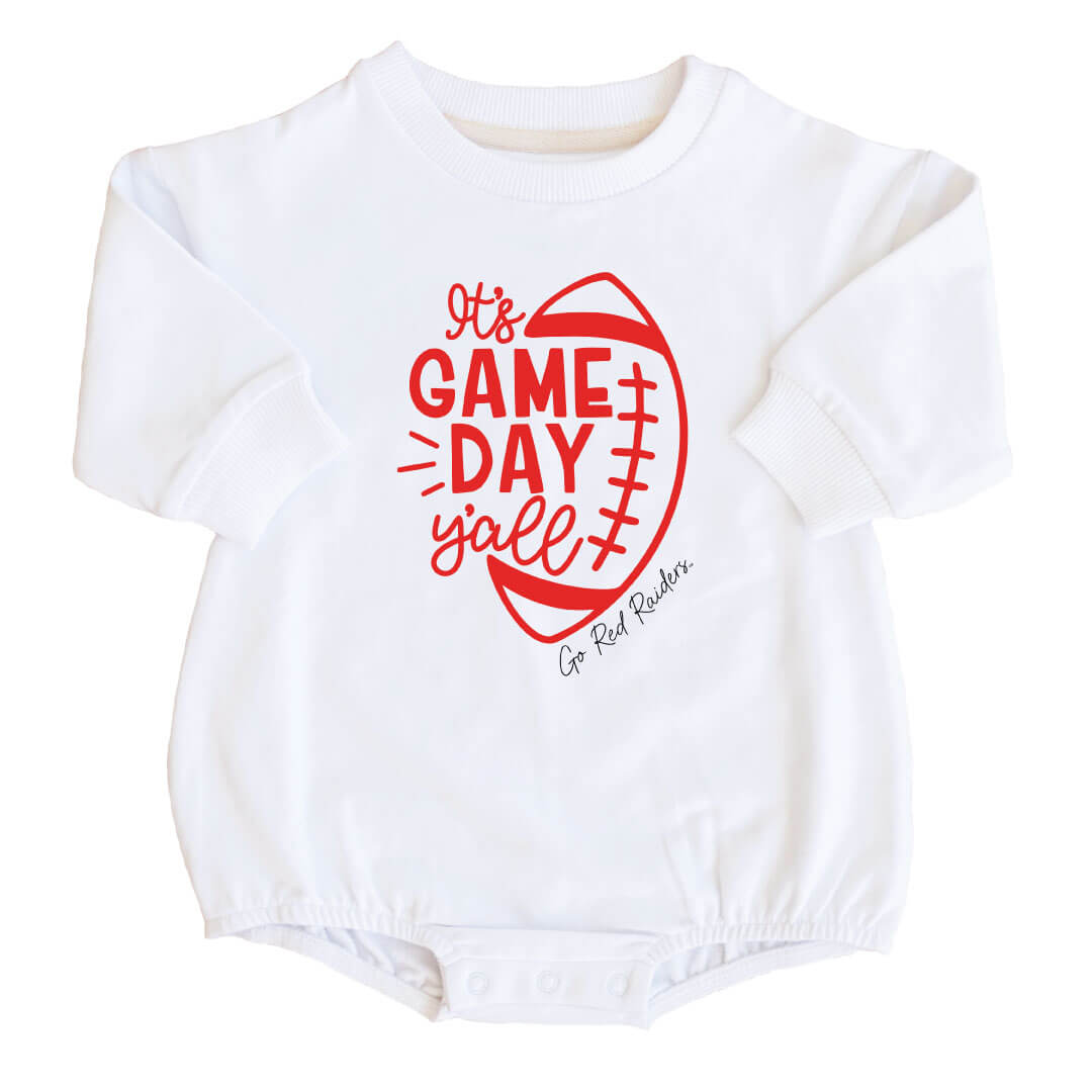  Texas Tech University | Footballs & Bows Graphic Sweatshirt Bubble Romper、mySite、layawaytickets