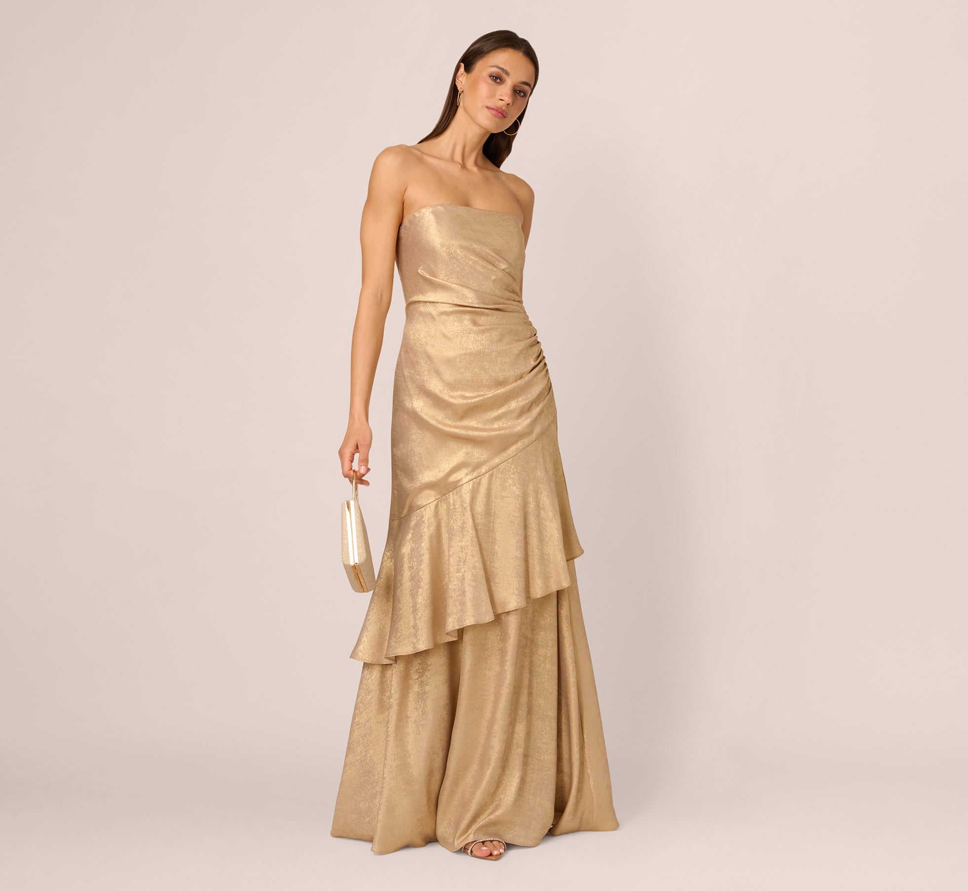Strapless Foil Flounce Gown In Light Gold、mySite、solidvoid