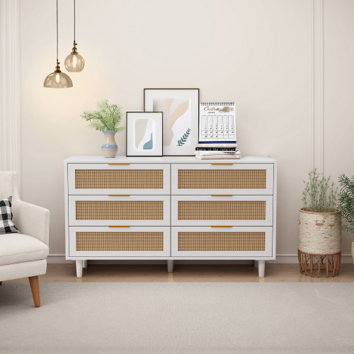 51.18"6-Drawers Rattan Storage Cabinet Rattan Drawer,for Bedroom,Living Room,Natural (Same SKU:W757P198980)、、casual
