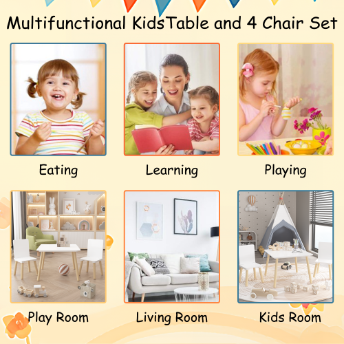 Kids Table and 2 Chairs Set, 3 Pieces Toddler Table and Chair Set, Wooden Activity Play Table Set (Lion&Monkey)、、casual