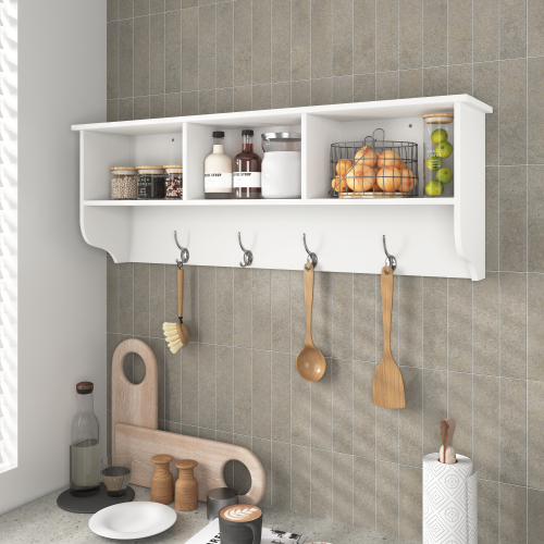 White Entryway Wall Mounted Coat Rack with 4 Dual Hooks Living Room Wooden Storage Shelf、、casual