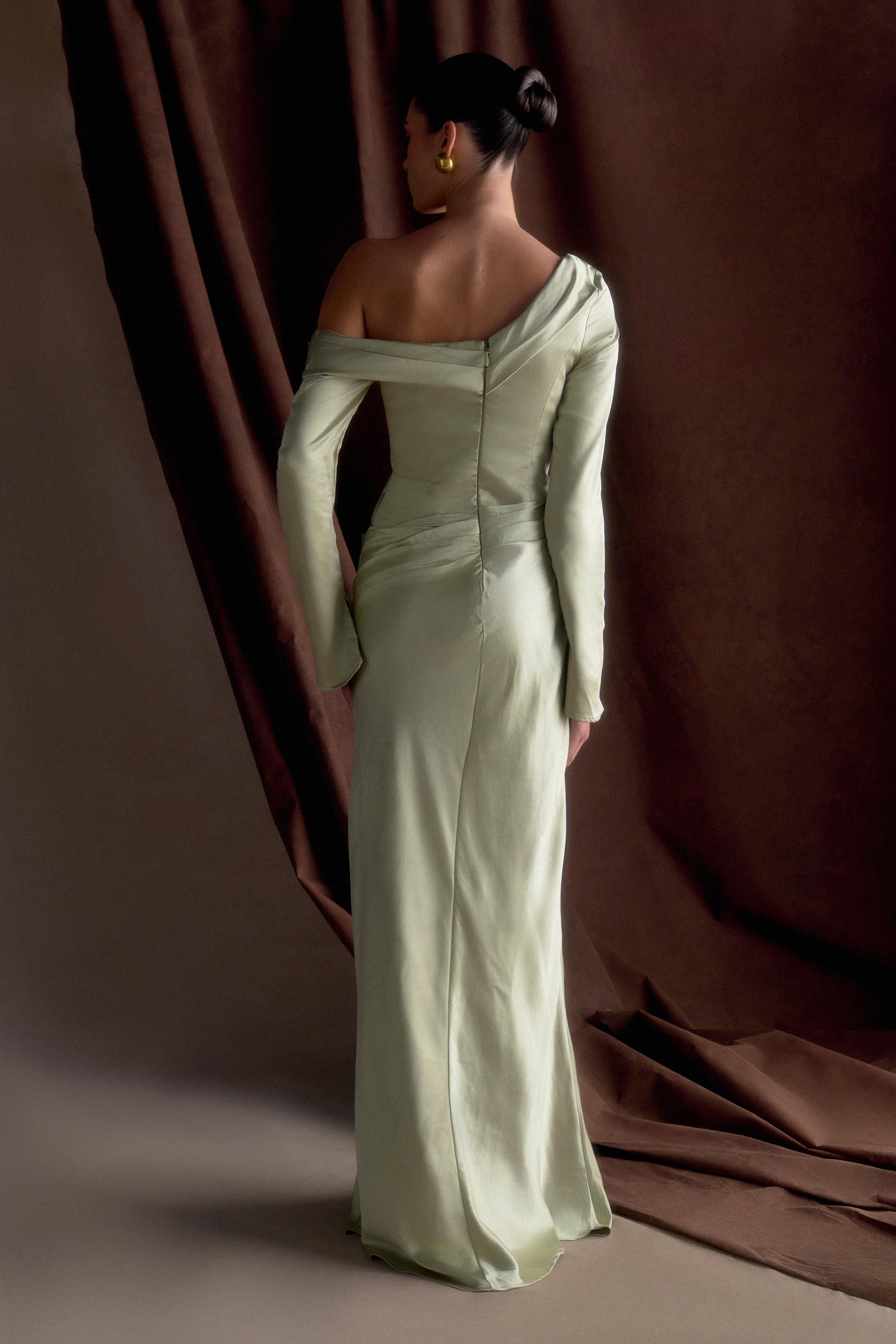 Iris Long Sleeve Satin Maxi Dress - Sage、mySite、solidvoid